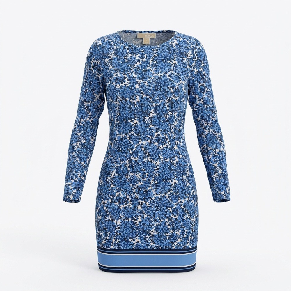 Michael Michael Kors Blue Floral Long Sleeve Sheath Dress Striped Hem Petite M‎